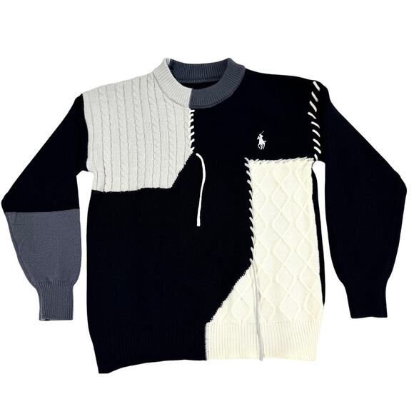Ralph Lauren Polo Patchwork Cable Knit Sweater Wool Cotton Blend Sz L Pre-Owned - Picture 1 of 5